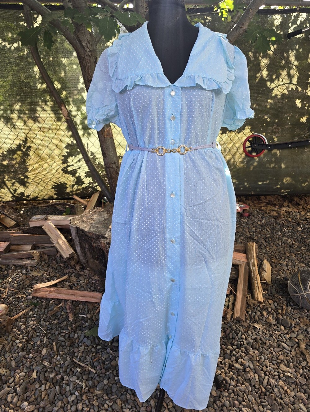Vtg 70's Light Blue Swiss Polka Dot Ruffle Housecoat Dress Mid-Century Retro